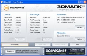 Sapphire Radeon 9600XT 3DMark03 Tests Settings System